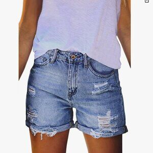 High Waisted Denim Jean Shorts Ripped Hem Frayed Distressed Short Jeans | XL